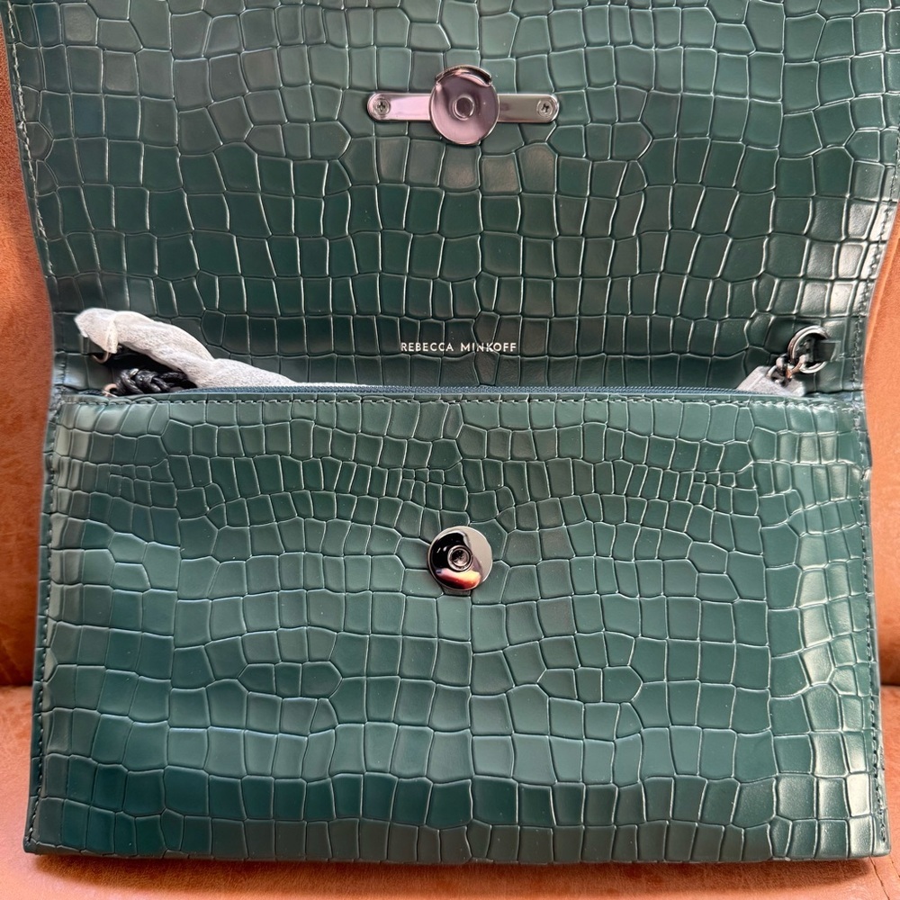 REBECCA MINKOFF LOU CROC EMBOSSED CLUTCH BOTTLE GREEN W GUNMETAL HARDWARE NWT - Picture 6 of 12